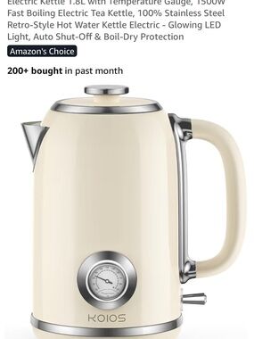 KOIO Cream Electric Kettle with Stainless Accents and Temperature Gauge